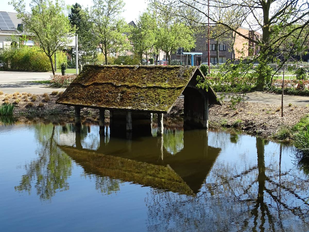 Een vijver met een bemost huisje in het park van Lint